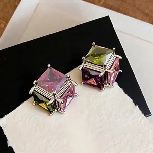 Exquisite cube zircon stud earrings with colorful stones and silver pins on card