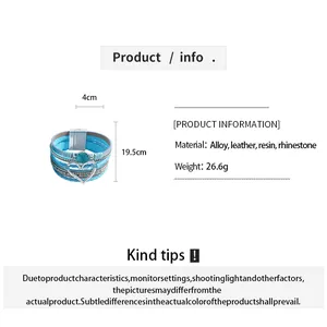 Detailed view of bohemian heart multi-layer leather bracelet with product specifications