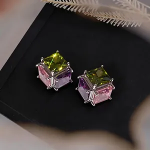 Elegant silver needle square stud earrings with colorful cubic zirconia for women