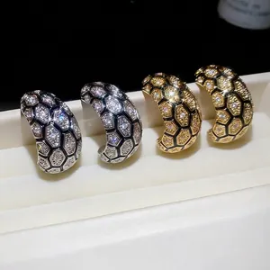 Vintage 18k gold plated C-shaped earrings with zircon honeycomb pattern grid design
