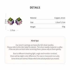 Detailed view of colorful geometric square zircon stud earrings with product specifications