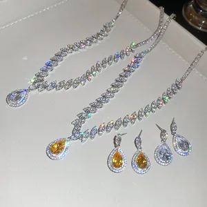 Close-up of luxury zircon jewelry set featuring teardrop necklaces and earrings.