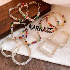 Korean Fashion Glass Hoop Earrings Colorful Bead Elegant Alloy Earrings With Silver Earring Post For Women Jewelry
