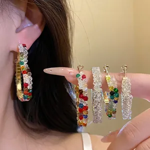Elegant Korean style crystal bead hoop earrings with silver needles for women