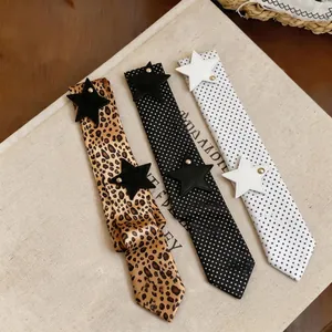 Women's long faux silk necktie scarf set with leopard polka dot and star leather patches