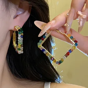 Colorful glass bead square hoop earrings with gold-toned metal frame