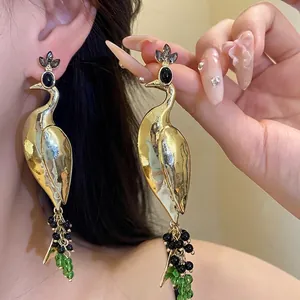 Vintage Gold Peacock Drop Earrings For Women Statement Rhinestone Inlaid Jewelry With Silver Earring Post For Party