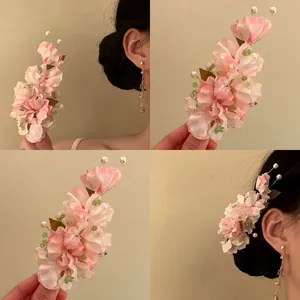 Handmade Fabric Flower Hair Clip with Artificial Pearls Pink White Side Duckbill Clip Elegant Floral Headwear for Women