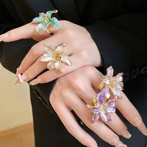 Vintage Tulip Flower Open Ring Gold Plated Alloy Enamel Floral Adjustable Finger Ring French Style Fashion Jewelry For Women