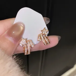 Korean style rose gold shooting star ear clips with sparkling zircon, no piercing jewelry