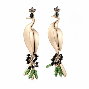 Elegant gold peacock pendant earrings decorated with black and green bead tassels for women