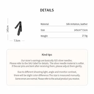 Detail view of imitation silk and leather patchwork necktie with measurements and info.