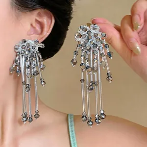 European Style Statement Long Tassel Flower Stud Earrings With 925 Sterling Silver Earring Post Glass Beaded Elegant Jewelry For Women