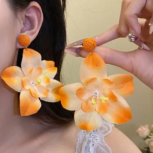 Handmade Raffia Cloth Flower Drop Stud Earrings With Silver Post For Women Orange Bohemian Beach Vacation Floral Jewelry