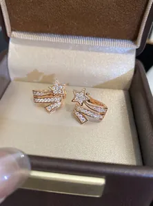 Close-up detail showing the intricate zircon pavé on rose gold star ear clips.