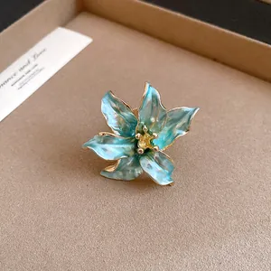 Vintage teal enamel tulip flower ring with gold plating edges and adjustable open band design