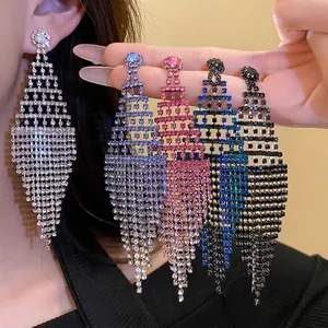 Exaggerated Western Style Rhombus Tassel Drop Earrings For Women Vintage Copper Rhinestone Inlaid Stud Earrings With Silver Earring Post Elegant Party Jewelry Gift