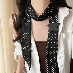 Trendy black polka dot neck scarf with unique star-shaped leather patchwork detail for women