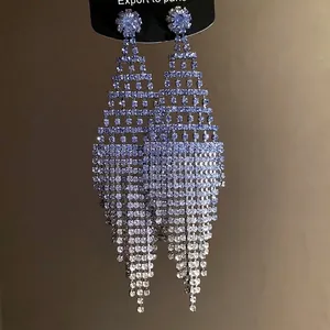 Exaggerated rhombic tassel earrings with blue gradient crystals and silver-tone finish