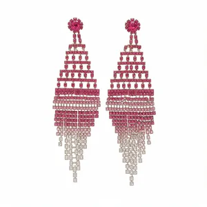 Elegant pink gradient rhinestone tassel earrings in a bold chandelier statement design