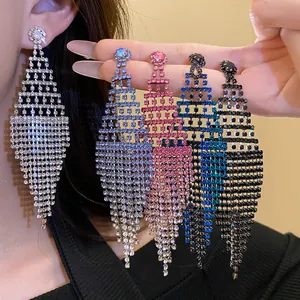 Exaggerated rhinestone rhombus tassel earrings in multiple vibrant colors for women