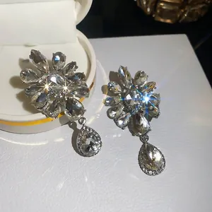 Elegant vintage silver plated rhinestone flower waterdrop non-pierced ear clips for women
