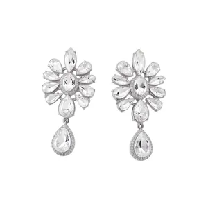 Elegant silver-tone rhinestone flower teardrop ear clips for a vintage luxury look