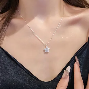 Elegant zircon star pendant necklace for women, minimalist silver collarbone chain