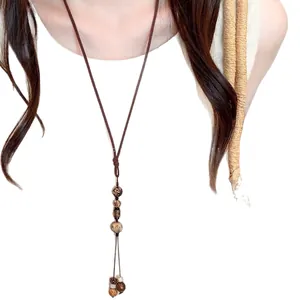 Vintage Bodhi round pendant necklace with ethnic style long cord for women