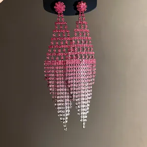 Detailed view of ombre pink rhinestone tassel earrings with flower stud and silver needle.