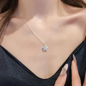 Detailed close-up of a sparkling zirconia star pendant necklace on a female model.