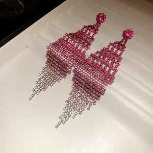 Exquisite pink gradient rhinestone tassel earrings with silver needle for women jewelry