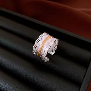 Elegant vintage lace openwork adjustable ring in two-tone silver and gold finishes