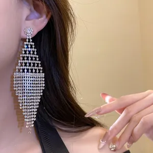 Detailed close-up of oversized silver tassel earrings with rhinestones in a diamond mesh.