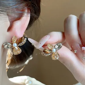 French Vintage Flower Stud Earrings For Women Champagne Glass Artificial Pearl 925 Sterling Silver Earring Post Elegant Jewelry