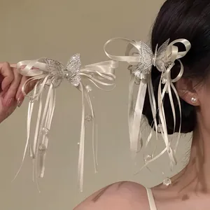 Rhinestone Butterfly Flower Ribbon Bow Tassel Hair Clip Elegant Fashion Satin Bowknot Accessory For Women Party Jewelry
