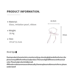 Detailed product specs for elegant pearl bead ribbon necklace with bow and flower tassel