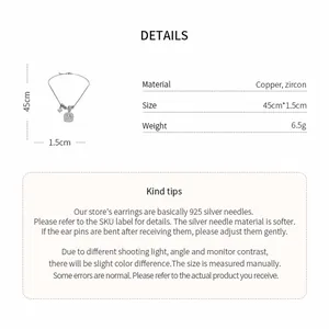 Detailed specifications card for the zircon pendant necklace showing size and material info