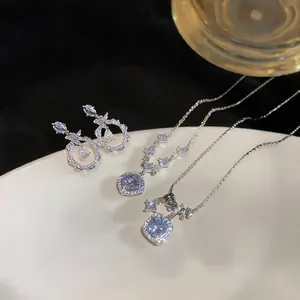 Luxurious silver zircon lace earrings and square pendant necklace set for elegant jewelry style
