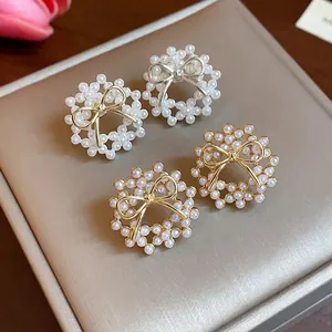 Elegant French style bow pearl wreath stud earrings in gold and silver plated finish