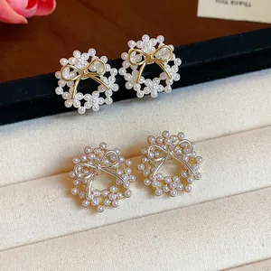 Elegant 14k gold plated bow pearl wreath stud earrings with French luxury style for women