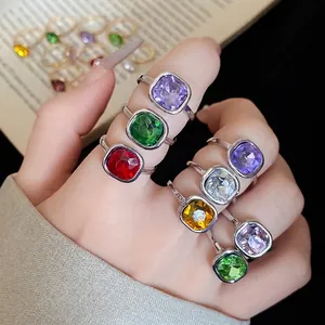 Vintage Alloy Square Rhinestone Open Rings For Women Luxury Geometric Adjustable Finger Rings Elegant Fashion Jewelry Hand Accessories