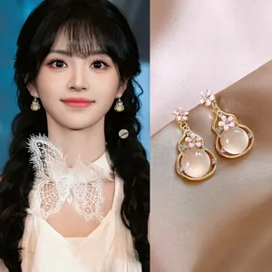Vintage Court Style Resin Alloy Rhinestone Hulu Gourd Pendant Stud Earrings With Silver Earring Post Gold Pink Enamel Jewelry