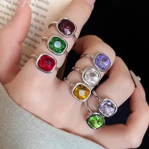 Vintage square colorful crystal open rings for women in retro luxury style