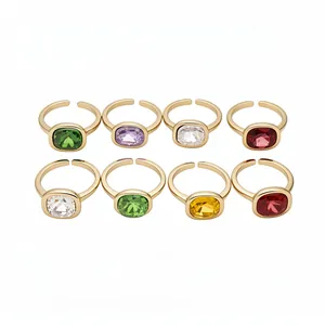 Set of vintage gold-tone adjustable open rings with colorful square-cut cushion gemstones