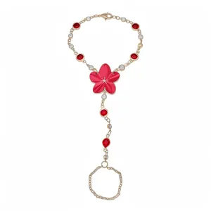 Exquisite red resin flower hand chain bracelet with gold plating and sparkling rhinestones
