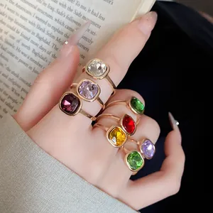 Retro square crystal open rings in multiple colors for women, fashionable jewelry.