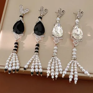 Vintage Luxury Silver Earring Post Artificial Pearl Water Drop Dangle Earrings Rhinestone Tassel Earrings For Women Jewelry