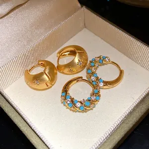 French vintage gold hoop earrings with turquoise and sparkling crystal inlay