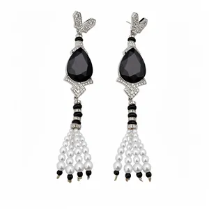 Vintage style pearl tassel earrings with black water drop gemstone and silver needles